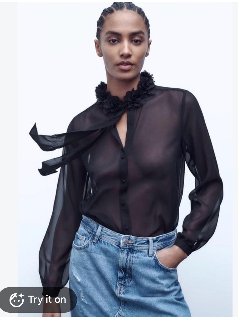 Zara Sheer Black Tie-Neck Ruffle Blouse